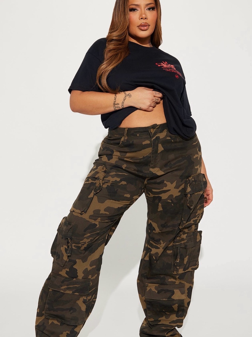 Fashion Nova Camo Cargo Shorts - Olive & Black